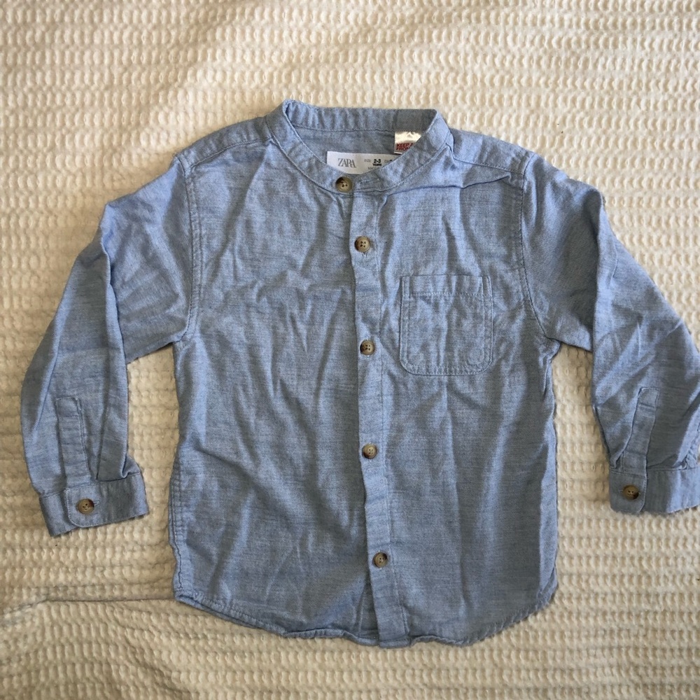 Zara Boys Light Blue Mandarin Collar Button-Down Shirt Size 2T-3T